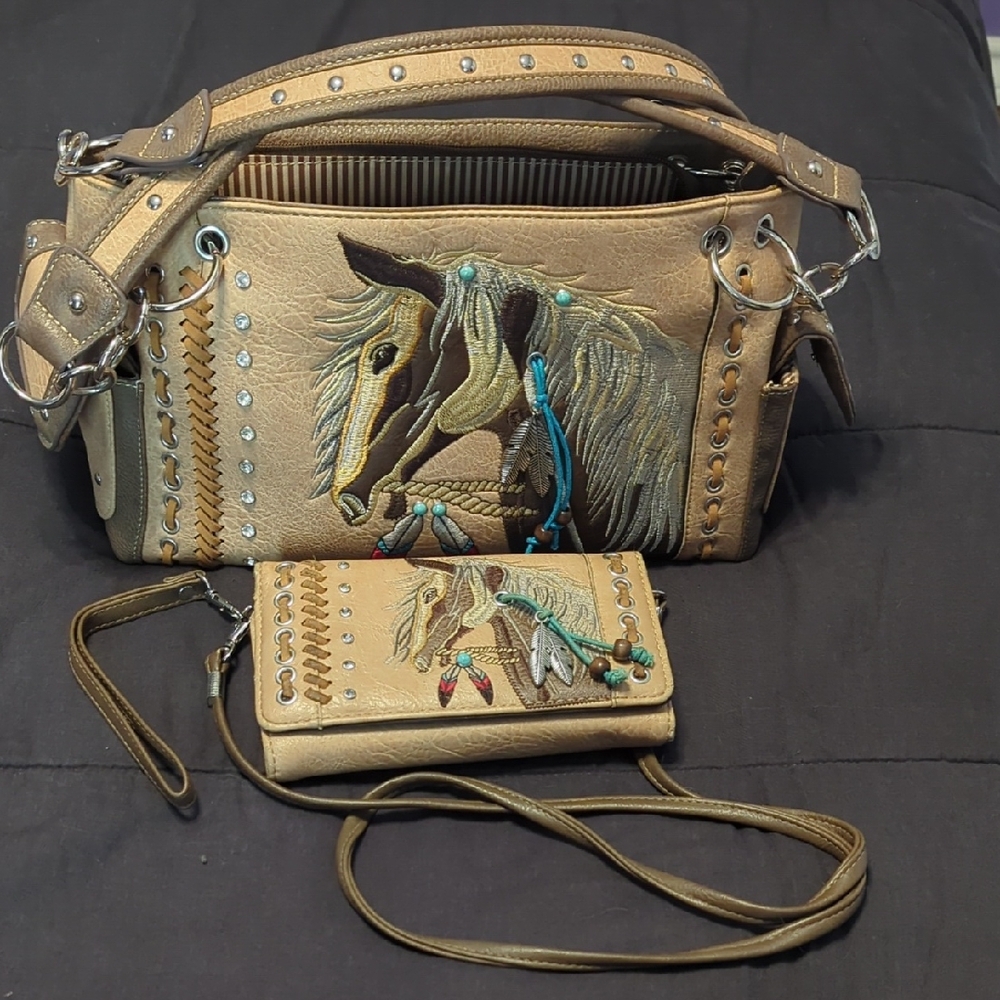 Tan Egyptian Motif Shoulder Bag with Gold Hardware